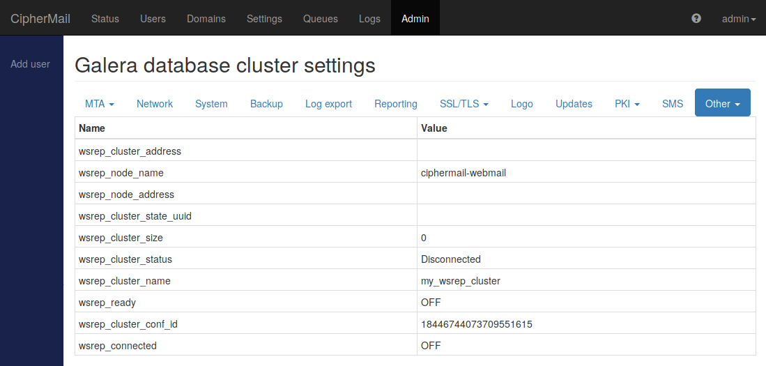 Galera database cluster settings